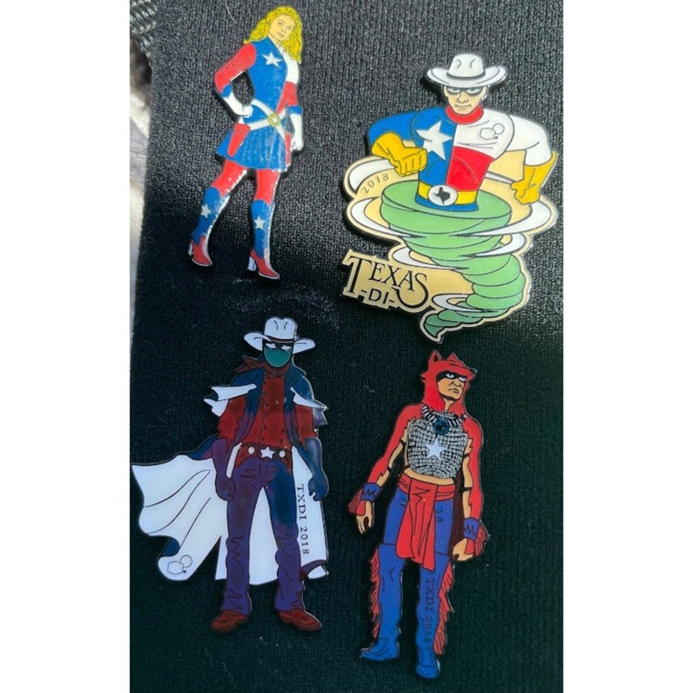 Texas Destination Imagination 2018 Enamel Pin Set 4pc TXDI Superhero Cowboy